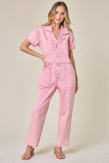 ACID WASHED DENIM UTILITY JUMPSUIT